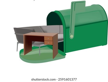 Furniture pieces, including a desk and sofa, emerging from a traditional mailbox, illustrating a unique delivery or moving concept