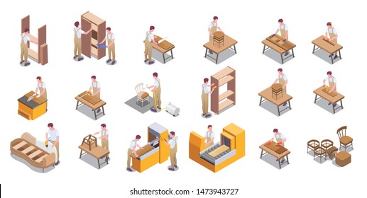 Furniture production by modern hand craftsman big isometric icons set with woodworking upholstering assembling painting vector illustration