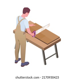 Furniture production isometric composition with character of worker in uniform and woodwork vector illustration