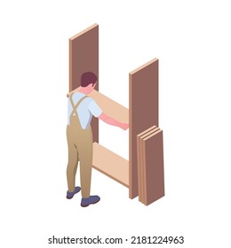 Furniture production isometric composition with character of worker in uniform and woodwork vector illustration