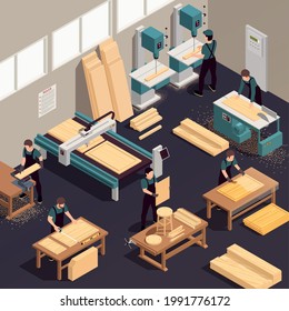 Furniture production isometric composition with production of wooden goods in the factory in the workshop vector illustration