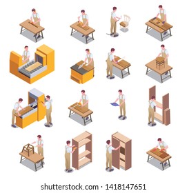 Furniture production isometric icon set with workers make furniture wooden cabinets and countertops vector illustration