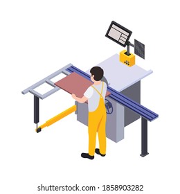 Furniture production isometric maker engaged in process of design isolated vector illustration