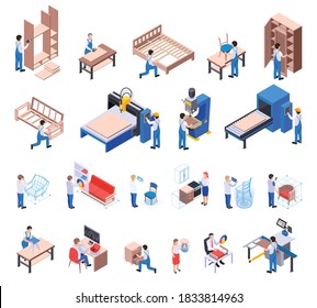 Furniture production isometric set of craftsmen pressing sawing drilling polishing and varnish coating surface isolated vector illustration