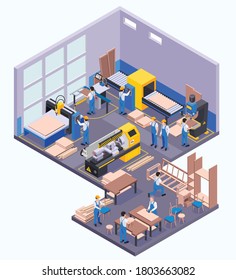 Furniture Production Isometric Vector Illustration Of Factory Floor With Workers And Modern Equipment For Wood Pressing Sawing Drilling   