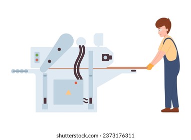 Furniture production, manufacturing vector illustration. Worker in uniform cutting furniture pieces on board. Cartoon woodwork character with automatic furniture machine isolated on white background