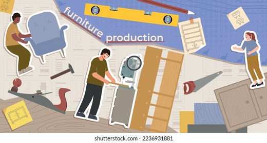 Producción de muebles composición de madera con collage de piezas de muebles de caracteres humanos planos dibujos de herramientas e ilustración de vectores de texto