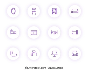 furniture purple color outline vector icons on light round buttons with purple shadow. furniture icon set for web, mobile apps, ui design and print