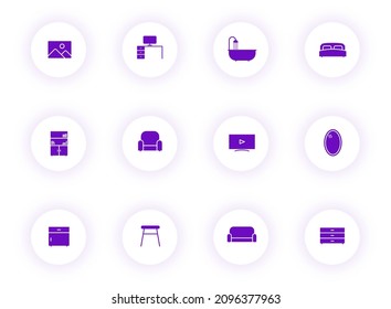 furniture purple color vector icons on light round buttons with purple shadow. furniture icon set for web, mobile apps, ui design and print