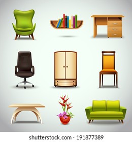 Furniture realistic decorative icons set of chair bookshelf table  isolated vector illustration
