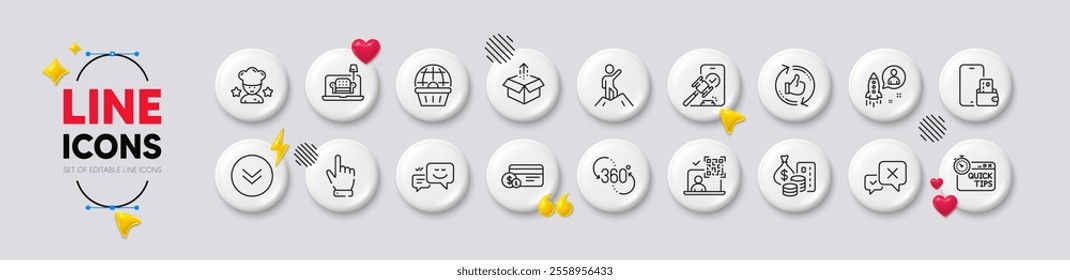 Furniture, Refresh like and Payment method line icons. White buttons 3d icons. Pack of Qr code, Online shopping, Money icon. Leadership, Phone wallet, Happy emotion pictogram. Vector