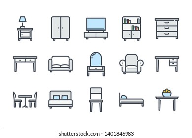 Furniture related color line icon set. Сushioned furniture colorful linear icons. Home furniture flat color outline vector signs and symbols collection.