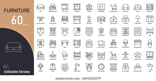 Furniture related icon collections. Containing chair, table, sofa, bed, cabinet, shelf, desk, drawer, couch, and interior icons. Editable Stroke..