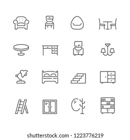 Furniture related icons: thin vector icon set, black and white kit
