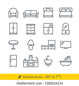 Furniture Related Icons / Vectors Set - In Line / Stroke Design | Contains Such couch, sofa, bed, wardrobe, bookshelf, dressing table, table, lamp, tv stand, refrigerator, kitchen, sink, bathtub, more