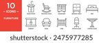 Furniture related vector icon set includes wash stand, rocking chair, sideboard, bedside table, bed, cabinet, sofa, crib, office chair, coffee chair, and more icons