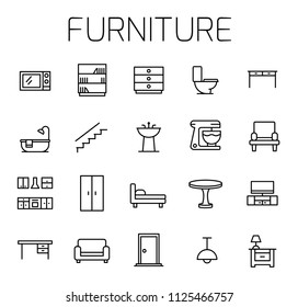 Furniture related vector icon set. Well-crafted sign in thin line style with editable stroke. Vector symbols isolated on a white background. Simple pictograms.