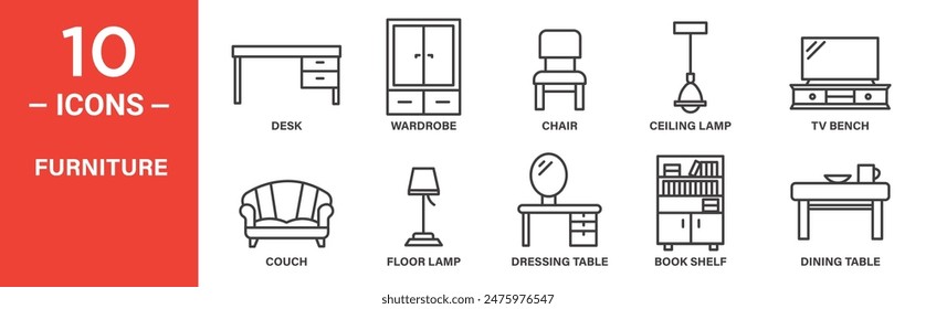 Furniture related vector icon set includes headlight, mag wheel, suspension, gear, electrical service, disk brake, piston, toolkit, steering wheel, radiator, and more icons