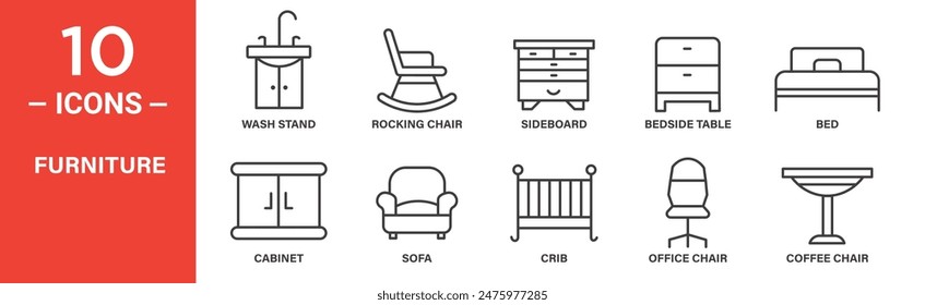 Furniture related vector icon set includes wash stand, rocking chair, sideboard, bedside table, bed, cabinet, sofa, crib, office chair, coffee chair, and more icons