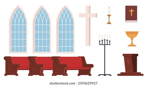 Furniture and religious accessories of Catholic Church. Glass windows, candles and holy book. Cross, golden cup, wooden bench. Traditional interior cartoon flat style isolated vector set