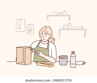 
furniture renovation, diy and home improvement concept - woman in gloves with paint brush painting old wooden Storage box. Hand drawn style vector design illustrations.