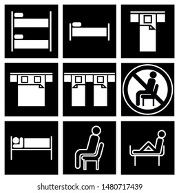 Furniture for rest and sleep.
A set of flat, black and white signs, with the display of design features.