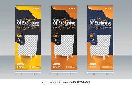 Furniture Roll Up Banner Template. Stand banner layout, advertisement, pull up, infographics, vector illustration