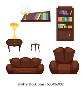Furniture room interior design home decor concept icon set flat vector illustration.