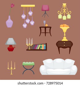 Furniture room interior design home decor concept icon set flat vector illustration.