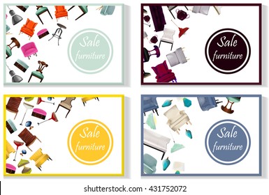 Furniture Sale Advertisement Flyers.Vector Banners.Sale Tag Banner 3 Sets.Elements Of Interior. Sofa,chair,lamp,lamp, Chair,ottoman,chandelier.sell-out,clearance Sale,bargain Sale Furniture