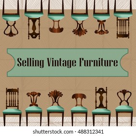 Furniture sale advertisement flyers.Vector banners.Sale tag banner.Elements of interior.chair vintage sell-out,clearance sale,bargain sale furniture