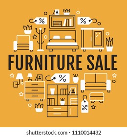 Furniture sale banner illustration with flat line icons. Living room, bedroom, home office chair, kitchen, sofa, nursery, lamp, sideboard. Circle template linear signs interior store yellow poster.