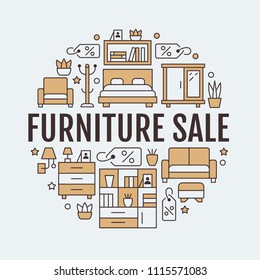 Furniture sale banner illustration with flat line icons. Living room, bedroom, home office chair, kitchen sofa, nursery lamp sideboard. Circle template thin linear signs interior store colored poster.