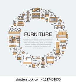 Furniture Sale Banner Illustration With Flat Line Icons. Living Room, Bedroom, Home Office Chair, Kitchen, Sofa, Nursery, Lamp, Sideboard Thin Linear Signs. Circle Template Interior Store Poster.