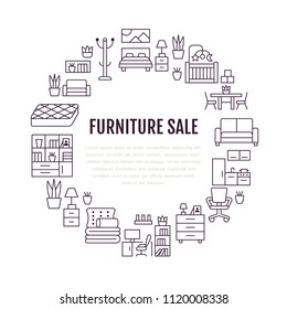 Furniture sale banner illustration with flat line icons. Living room, bedroom, home office chair, kitchen, sofa, nursery, lamp, sideboard thin linear signs. Circle template interior store poster.