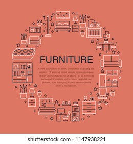Furniture sale banner illustration with flat line icons. Living room, bedroom, home office chair, kitchen, sofa, nursery, lamp, sideboard thin linear signs. Circle template interior store poster.