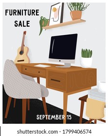 Furniture sale flyer. Modern minimalistic hand drawn cabinet interior vector flat illustration. White walls, a wooden table, a computer, a shelf with flowers, magazines and a guitar.