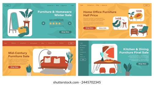 Furniture sale, interior element web page set. Modern home decoration shop, landing banner collection, vector illustration. Half price for sofa, table, armchair, template website design