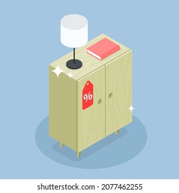 Furniture sale isometric vector concept illustration. Shiny wooden two doors cabinet with lamp, book and sale tag. New furnishing interior accessories for storage.