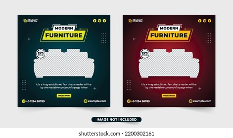 Furniture sale social media post for business. Modern furniture store promotion template with dark blue and red backgrounds. Furniture advertisement and digital marketing web banner vector.