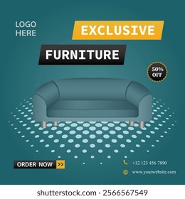 Furniture sale vector advertisement with image of sofa with text “Exclusive furniture”, 50% off icon . Suitable for marketing, promotions and web banners.