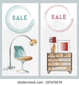 Furniture Sale Watercolor Advertisement Flayers. Vector Banners