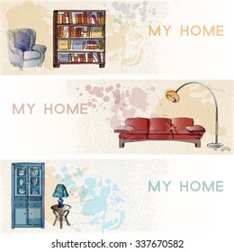 Furniture sale watercolor advertisement flayers. Vector banners