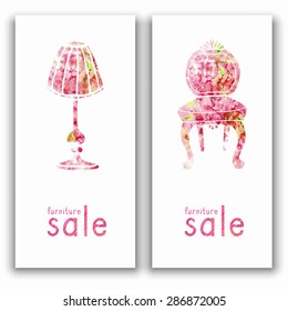 Furniture sale watercolor advertisement flyers. Vector banners, posters, cover for the brochure.