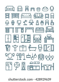 Furniture And Sanitary Line Thin Vector Icons. Furniture Interior Set Icon And Furniture For Home Room Kitchen And Bathroom Illustration