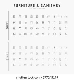 furniture and sanitary on bold and thin line icons concept