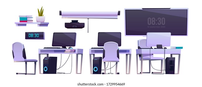 Furniture In School Computer Classroom Or Open Space Office. Vector Cartoon Set Of College Class Or Cabinet Interior With Monitor On Desk, Bookshelf, Projector And Screen Isolated On White Background