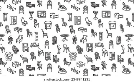 Furniture seamless pattern with black outlines on a white background.