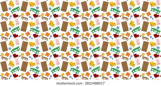 Furniture seamless pattern illustration featuring colorful household items and home decor elements specifically for interior design wallpaper and textile background template