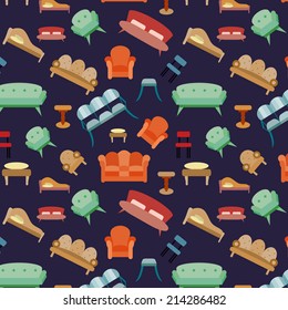 Furniture seamless pattern (repeated), sofa and armchair icon set, isolated elements, vector illustration